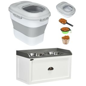 Comedero elevado para perros grandes con 2 tazones de acero inoxidable y contenedor plegable 25L con ruedas blanco y gris