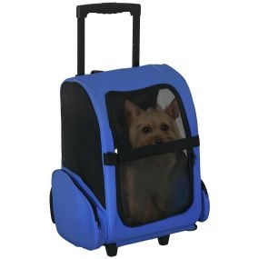 Transportín 2 en 1 para mascotas mochila o carrito con 2 ruedas, asa retráctil y bolsillos, 42x25x55 cm, azul