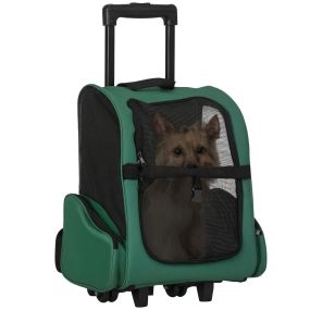 Transportín 2 en 1 para mascotas mochila o carrito de viaje con 2 ruedas y asa retráctil verde 42x25x55 cm
