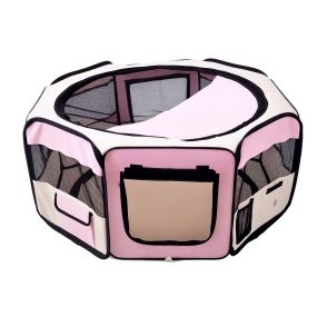 Parque plegable para perros y gatos impermeable rosa Ø90x41 cm con 2 puertas para interior y exterior