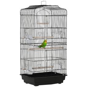 Jaula de metal para pájaros con puertas, 4 comederos, 3 perchas, columpio, bandeja extraíble, 46,5x35,5x92 cm, negro