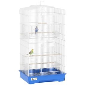 Jaula de metal para pájaros con puertas, 4 comederos, 3 perchas, columpio, bandeja extraíble, azul, 46,5x35,5x92 cm