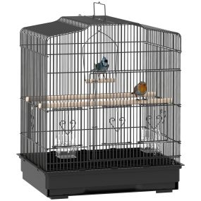 Jaula de acero para pájaros con puertas, 2 comederos, 2 perchas, columpio, bandeja extraíble, negra, 46,5x36x59 cm