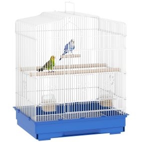 Jaula de acero para pájaros con puertas, 2 comederos, 2 perchas, columpio, bandeja extraíble, azul, 46,5x36x59 cm