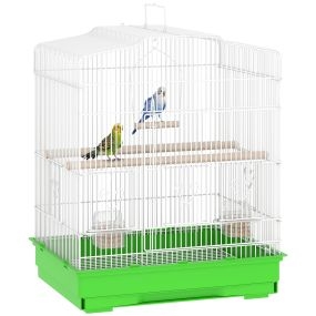 Jaula de acero para pájaros con puertas, 2 comederos, 2 perchas, columpio, bandeja extraíble, verde, 46,5x36x59 cm
