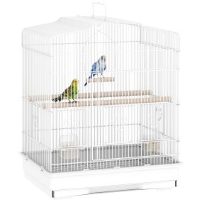 Jaula de acero para pájaros con puertas, 2 comederos, 2 perchas, columpio, bandeja extraíble, blanca, 46,5x36x59 cm