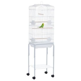 Jaula para pájaros grande con ruedas, estante, 4 comederos, 3 perchas, columpio, 46,5x36x157 cm, blanco