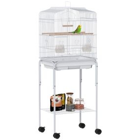 Jaula grande para pájaros con ruedas, estante, 2 comederos, 2 perchas, columpio, bandeja y asa, 46,5x36x124 cm, blanco