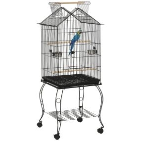 Jaula para pájaros metálica 50x58x145 cm con 3 puertas, 2 comederos, 3 perchas, bandeja extraíble, estante abierto y 4 ruedas, negra