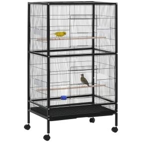 Jaula para pájaros metálica con 4 ruedas, 4 comederos, bebedero, 2 perchas y bandeja 79x52x137 cm negro