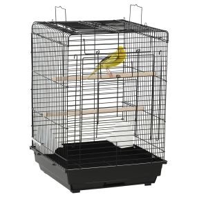 Jaula metálica para aves 40x40x59 cm con techo abatible, 2 perchas, 2 comederos y bandeja extraíble negra