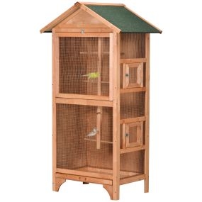 Jaula para pájaros de madera con 3 puertas, 4 perchas, bandeja extraíble y techo asfáltico 80,5x57x153 cm natural