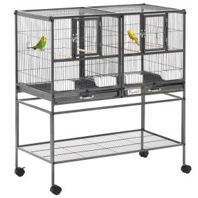 Jaula para pájaros con ruedas doble con 2 bandejas 4 comederos 4 perchas 95x45,5x102 cm gris