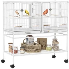 Jaula para pájaros grande con divisor, doble con ruedas, 95x45,5x102 cm, blanco