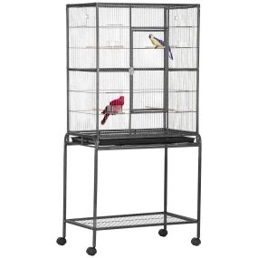 Jaula para pájaros con ruedas 81x48x162,5 cm metálica negra y gris con bandeja, 4 perchas y 4 comederos