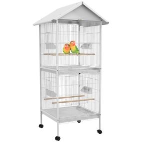 Jaula para pájaros grande de 2 pisos convertible con ruedas 4 comederos 4 perchas y bandejas extraíbles 78x75x168 cm blanco