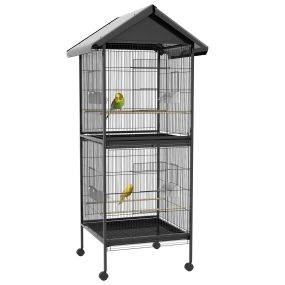 Jaula para pájaros grande de 2 pisos convertible con ruedas, 4 comederos, 4 perchas y bandejas extraíbles, 78x75x168 cm, negro