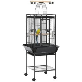Jaula para loros con ruedas, perchas, comederos y bandejas extraíbles 62,5x62,5x156 cm gris