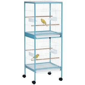 Jaula para pájaros grande de 2 niveles con ruedas, bandejas extraíbles, azul, 51,5x50x140 cm