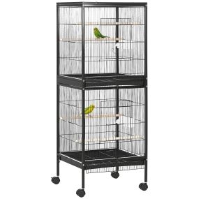 Jaula para pájaros grande de 2 niveles con ruedas, bandejas extraíbles, puertas, comederos y perchas, 51,5x50x140 cm, negro