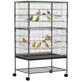 Jaula para pájaros metálica con ruedas, bandeja extraíble, 4 puertas, 4 comederos y 4 perchas, 78x52x132 cm gris oscuro