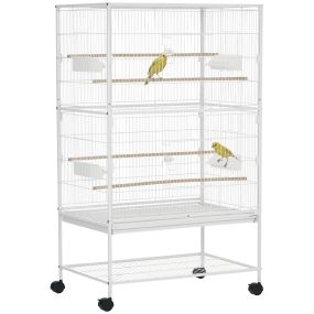 Jaula para pájaros metálica con ruedas, bandeja extraíble, 4 puertas, 4 comederos y 4 perchas, 78x52x132 cm, blanco
