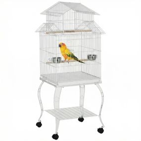 Jaula para pájaros grande con ruedas, bandeja extraíble, puertas, comederos y perchas 50x49x137 cm blanco