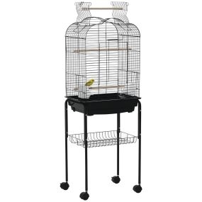 Jaula para pájaros con soporte, 4 ruedas, techo abrible, 2 comederos, 3 perchas, 46x36x130 cm, negro