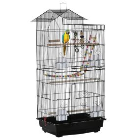 Jaula para pájaros con múltiples puertas, 4 comederos, 3 perchas y bandeja extraíble 46x36x100 cm negro