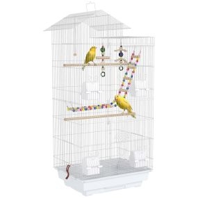 Jaula para pájaros con múltiples puertas 4 comederos 3 perchas columpio escaleras y bandeja extraíble 46x36x100 cm blanco