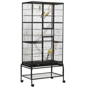 Jaula para pájaros con ruedas 83x53x180 cm metálica de 3 niveles negra