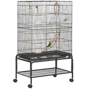 Jaula para pájaros grande con ruedas, bandeja extraíble, comederos, perchas y estante inferior negra 79x49x133 cm