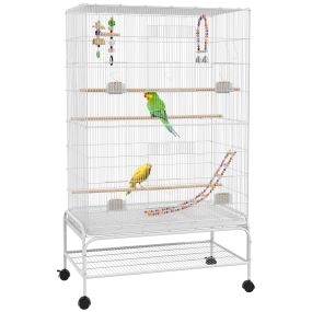 Jaula para Pájaros con Ruedas Jaula Grande con Soporte Pajarera con Bandeja Extraíble Puertas Comederos Perchas Juguetes y Estante Inferior para Canarios Periquitos 79x49x133 cm Blanco
