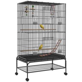 Jaula para pájaros grande con ruedas, comederos, perchas, bandeja extraíble, 97x58x160 cm, negro