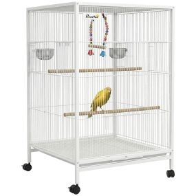 Jaula para pájaros de acero con ruedas, perchas, columpio, bandeja y cuencos, 48x46x78 cm, blanco