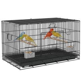 Jaula metálica para pájaros 77x46x45 cm negra con bandeja extraíble, 2 perchas y 2 comederos