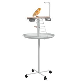 Comedero de pájaros de pie para exterior con ruedas Ø60x138 cm blanco con 2 cuencos y 2 perchas