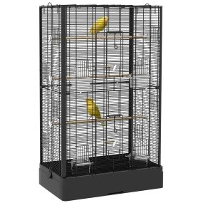 Jaula para pájaros 61x36,5x98 cm negra con puertas, perchas, bandeja extraíble y asas