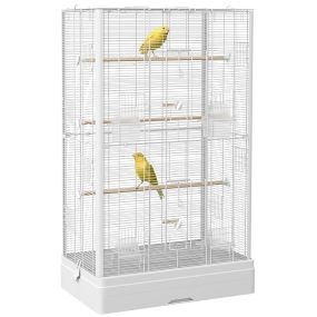 Jaula para pájaros 61x36,5x98 cm blanca con puertas, perchas, bandeja extraíble y asas