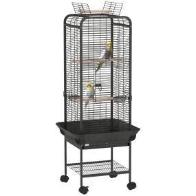Jaula para loros con ruedas, perchas, comederos y bandeja extraíble 62,5x62,5x146 cm gris oscuro