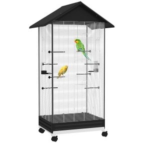 Jaula para pájaros con ruedas 79x65x155 cm, grande, 2 comederos, 8 perchas, 4 puertas, negro