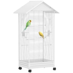 Jaula para pájaros con ruedas 79x65x155 cm grande con 2 comederos 8 perchas 4 puertas y bandeja extraíble blanca