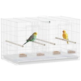 Jaula para pájaros con divisor 76x46x46 cm, 4 comederos, 4 perchas, bandeja extraíble, blanca