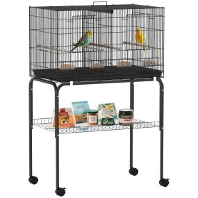 Jaula para pájaros con divisor 76x46x116 cm con ruedas 4 comederos 4 perchas y bandeja extraíble negra
