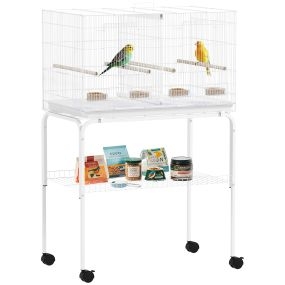 Jaula para pájaros con divisor 76x46x116 cm con ruedas 4 comederos 4 perchas y bandeja extraíble blanca