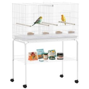 Jaula para pájaros con divisor 94x57x128 cm con ruedas 4 comederos 4 perchas bandeja extraíble blanca