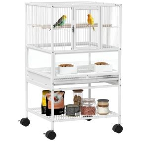 Jaula grande para pájaros con ruedas, paneles acrílicos, comederos y bandejas extraíbles 48x46x83 cm blanco