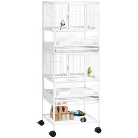 Jaula para pájaros grande de 2 niveles con ruedas y paneles acrílicos 48x46x134,5 cm blanco