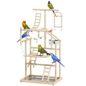 Parque de juegos de madera para pájaros con escaleras, columpio, bandeja y comederos 48x38x95 cm