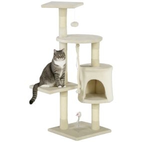 Rascador para gatos de 116 cm con postes de sisal, cueva, plataformas y juguetes colgantes beige